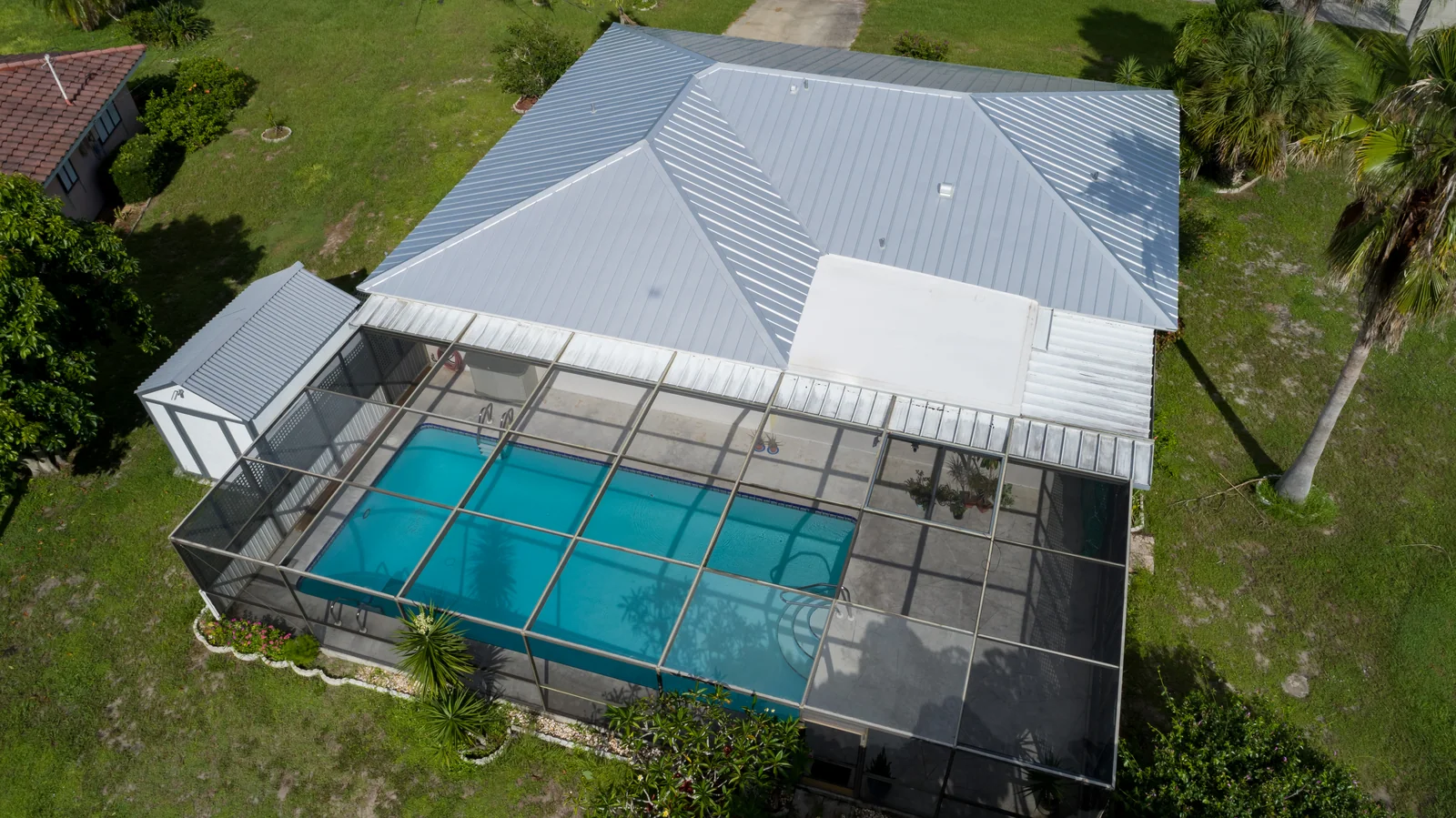 Overhead view of metal roof panels and roof geometry, Bokeelia