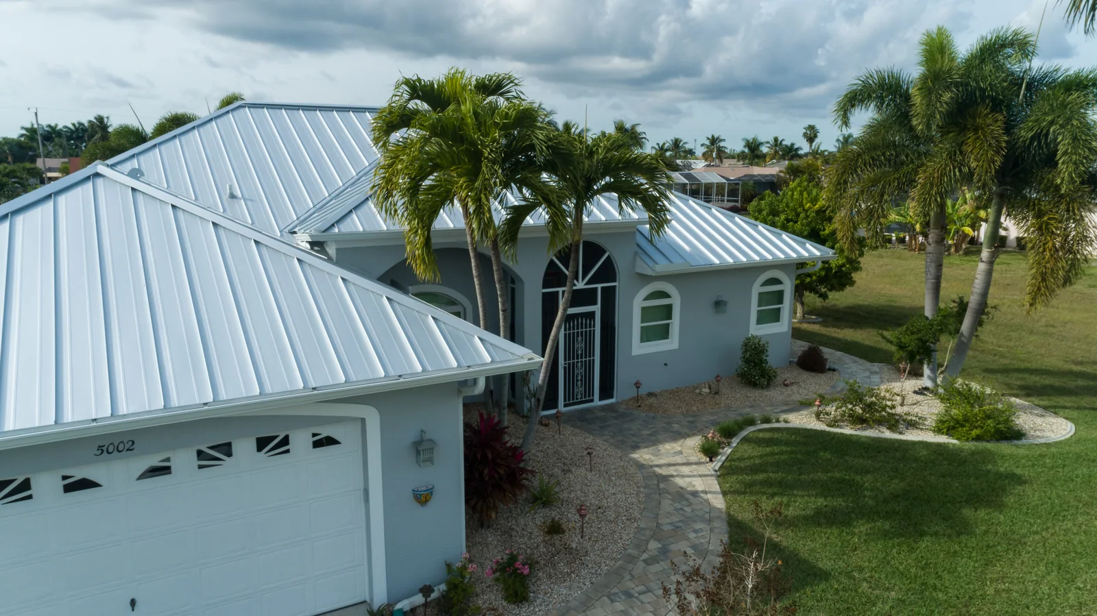 Metal panels across the front roofline