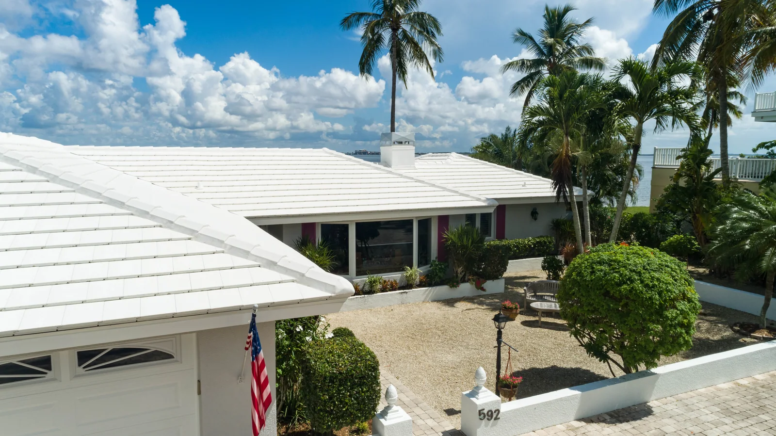 Metal roofing on a waterfront home