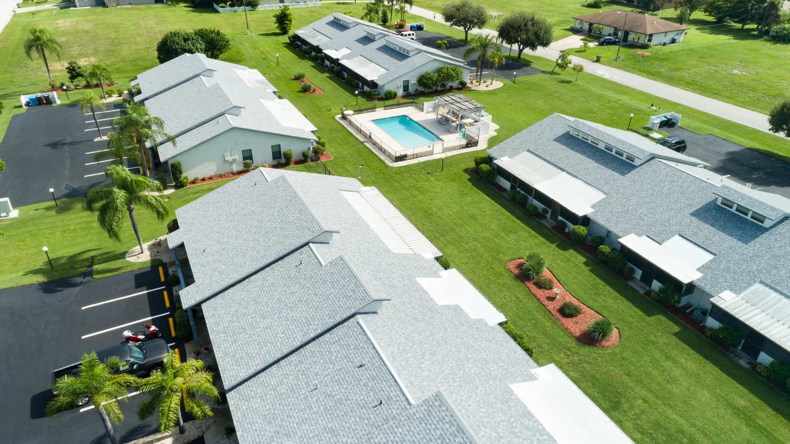 Shingle rooflines across courtyard buildings