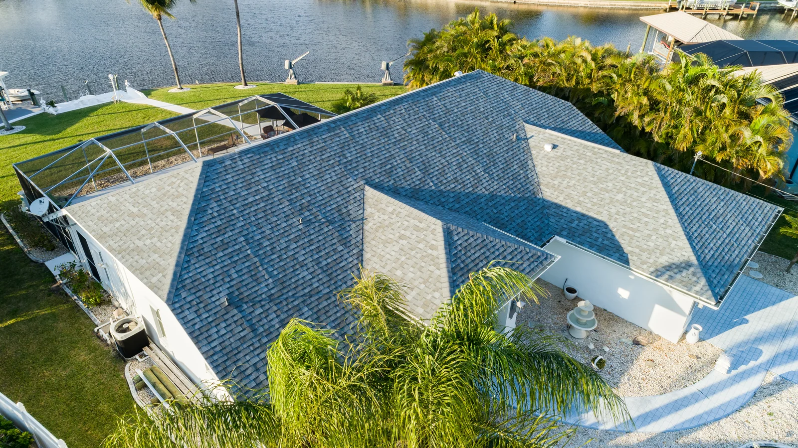 Elevated view of shingle roofing and a front gable, Matlacha Isles